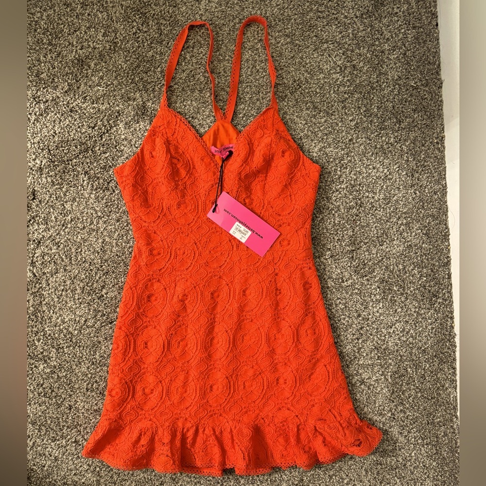 Betsey Johnson size S bright coral mini ruffle hem dress